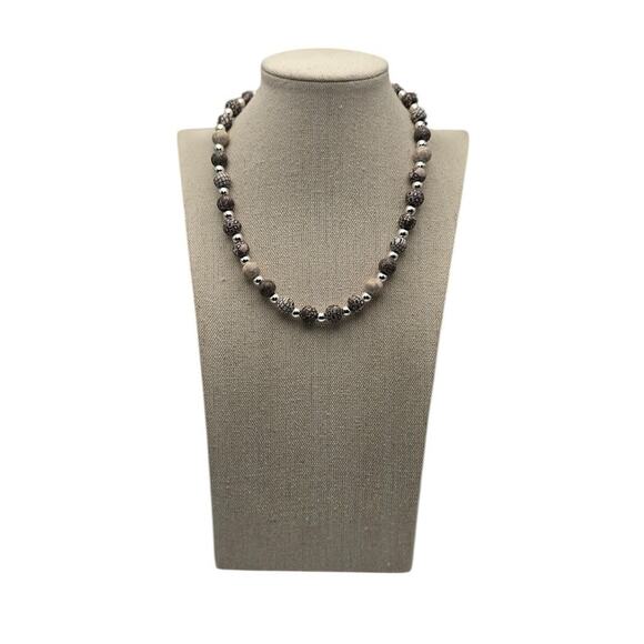 Vintage Earth Tone Pattern and Silver Beaded Stretch Necklace - Picture 6 of 6